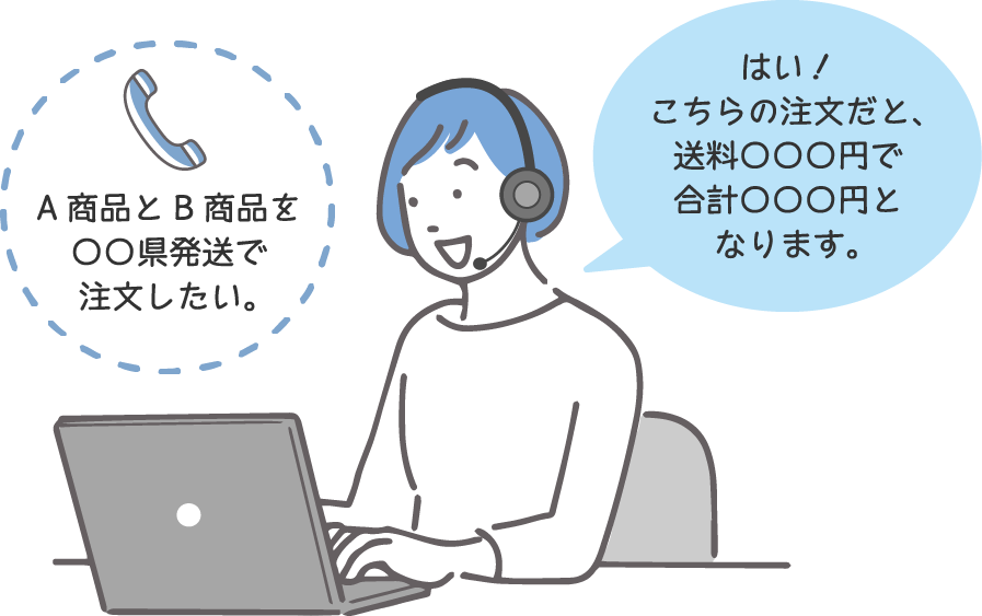 A商品とB商品を○○県発送で注文したい。はい！こちらの注文だと、送料○○○円で合計○○○円となります。
